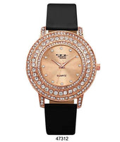 M Milano Expressions Black Vegan Leather Band Watch with Rose Gold Stone Case and Rose Gold Dial