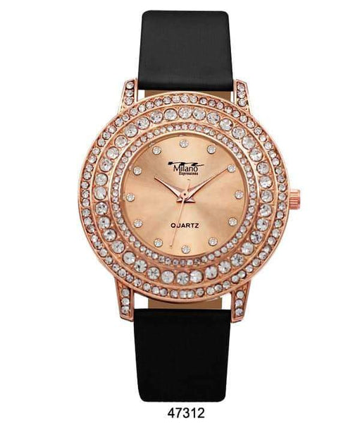 M Milano Expressions Black Vegan Leather Band Watch with Rose Gold Stone Case and Rose Gold Dial