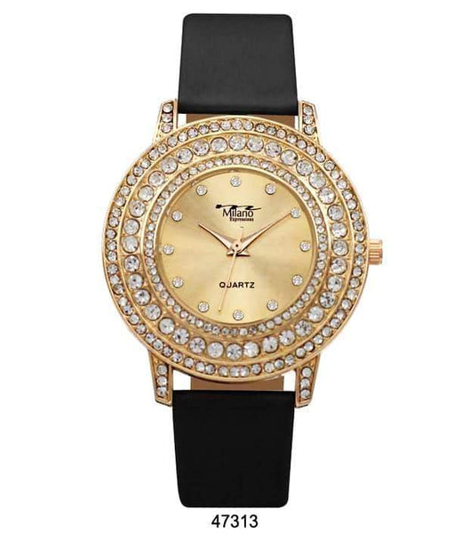 M Milano Expressions Black Vegan Leather Band Watch with Gold Stone Case and Gold Dial