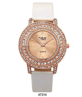 M Milano Expressions Pearly Vegan Leather Band Watch with Rose Gold Stone Case and Rose Gold Dial