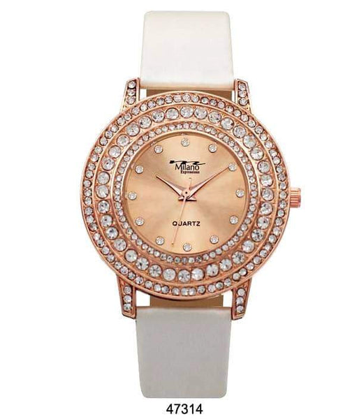 M Milano Expressions Pearly Vegan Leather Band Watch with Rose Gold Stone Case and Rose Gold Dial