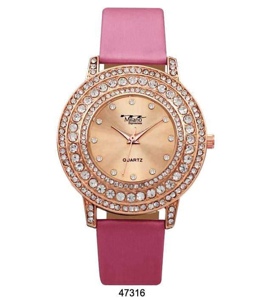 M Milano Expressions Pink Vegan Leather Band Watch with Rose Gold Stone Case and Rose Gold Dial