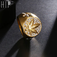 HIP Hop Iced Out Bling Gold Color Stainless Steel Ring Micro Paved Rhinestone Weed Maple leaf Rings for Men Jewelry