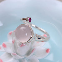 MetJakt Natural 1cm Rose Quartz with Ruby Solid 925 Sterling Silver Open Ring for Women