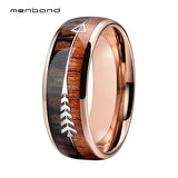 Tungsten Wedding Bands For Men Women Rose Gold Engagement Rings Domed Band Koa Wood And Arrow Inlay