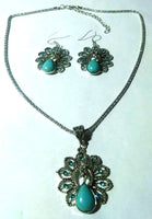 Turquoise and Green Rhinestone Peacock Necklace and Earring Set