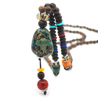 Vintage Handmade Nepal Necklace Buddhist Mala Wood Beads Pendant & Necklace