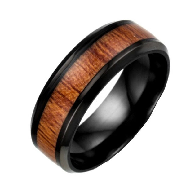 ZORCVENS Stainless Steel black White ring with dark red wood inlay inside ring men unique fashion engagement jewelry