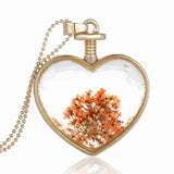 Women Dry Flower Heart Glass Wishing Bottle Pendant Necklace