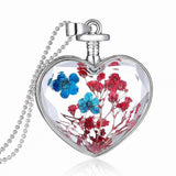 Women Dry Flower Heart Glass Wishing Bottle Pendant Necklace